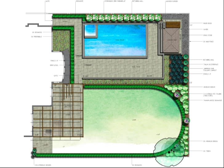 Landscape design with pool, cabana and lawn, Toronto GTA