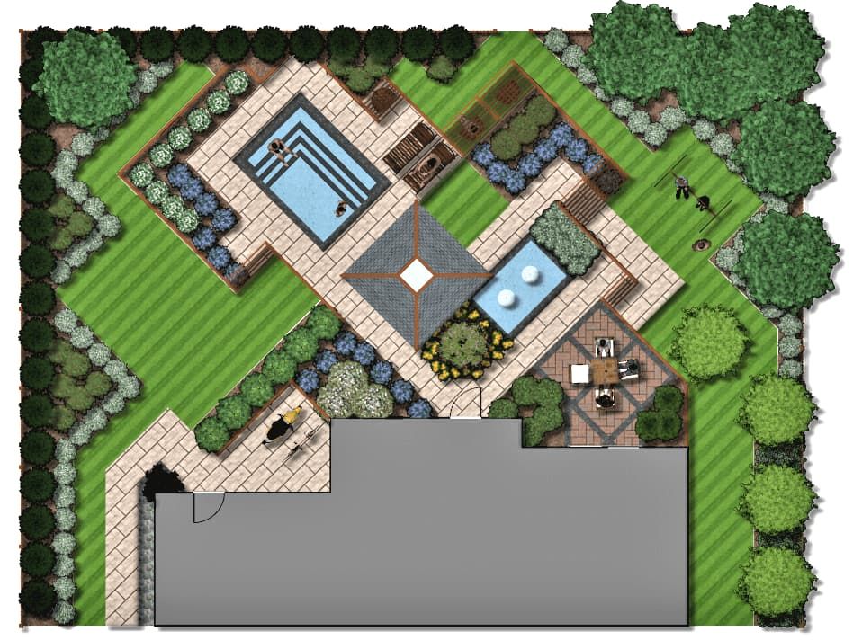 Garden design with diagonal theme, pool, fountain, patios, planting in Toronto, GTA