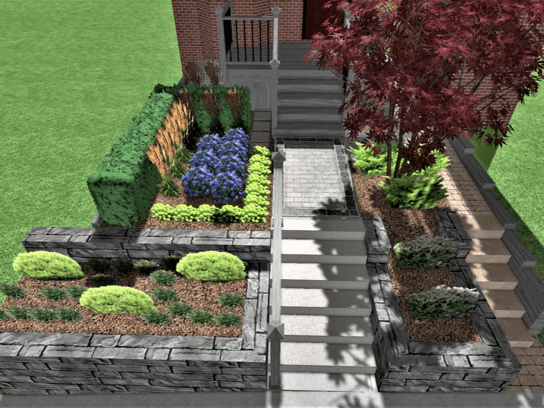 Front yard landscaping with stairs and retaining walls, 3D, Toronto