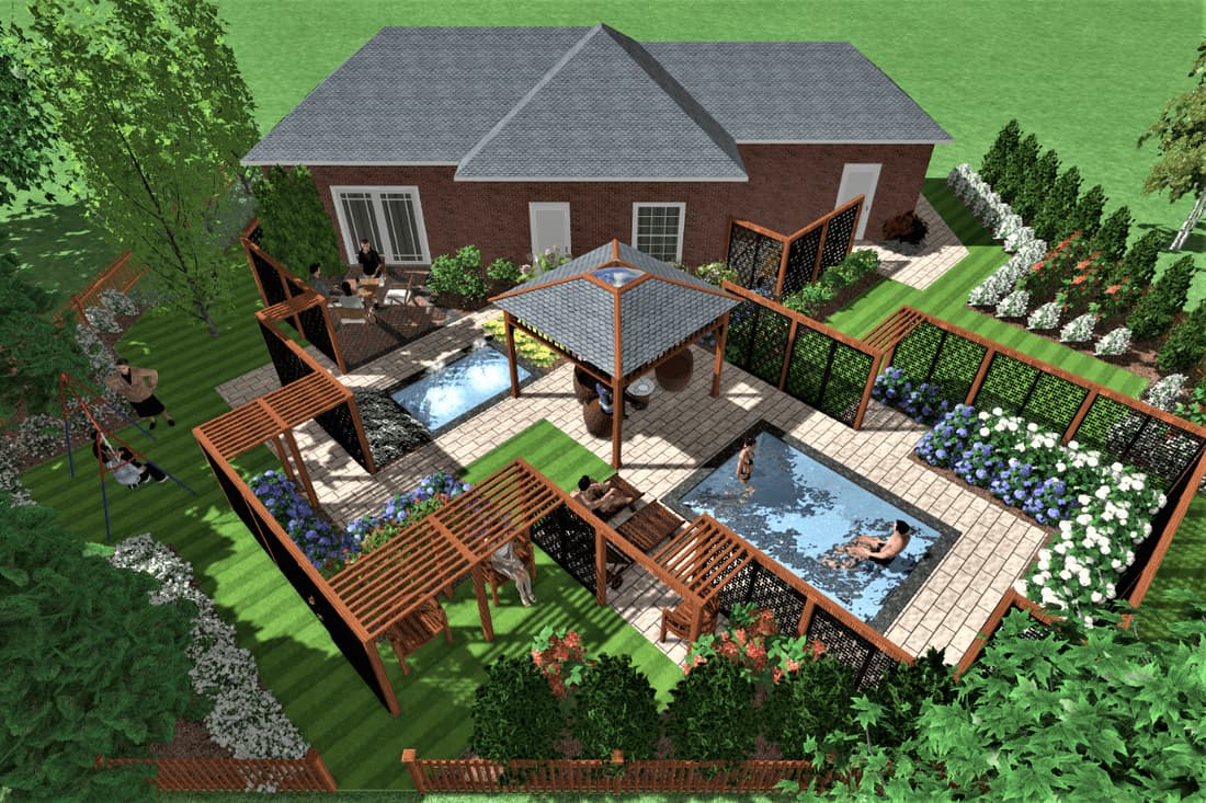 3D of backyard landscape design with diagonal theme, privacy screens, pool, fountain and gazebo