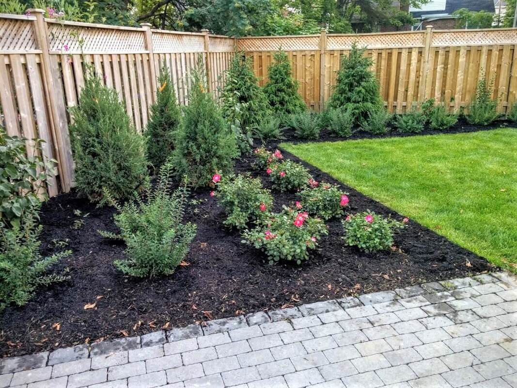 Backyard garden with 45-degree diagonal them, plants, lawn and Patio, Toronto