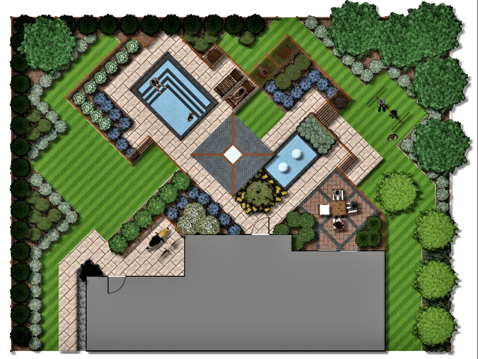 Garden design with diagonal theme, pool, gazebo, fountain, privacy screens and patios
