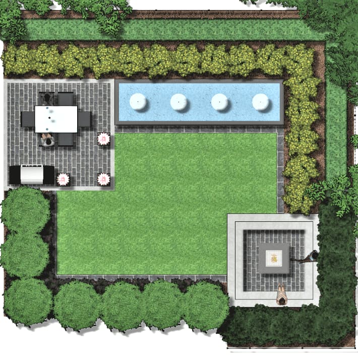 Landscape design with rectangular theme, water them, patio, fireplace,Toronto, GTA