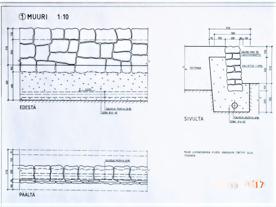 Technical drawing of cemetery's retaining wall made of natural stone