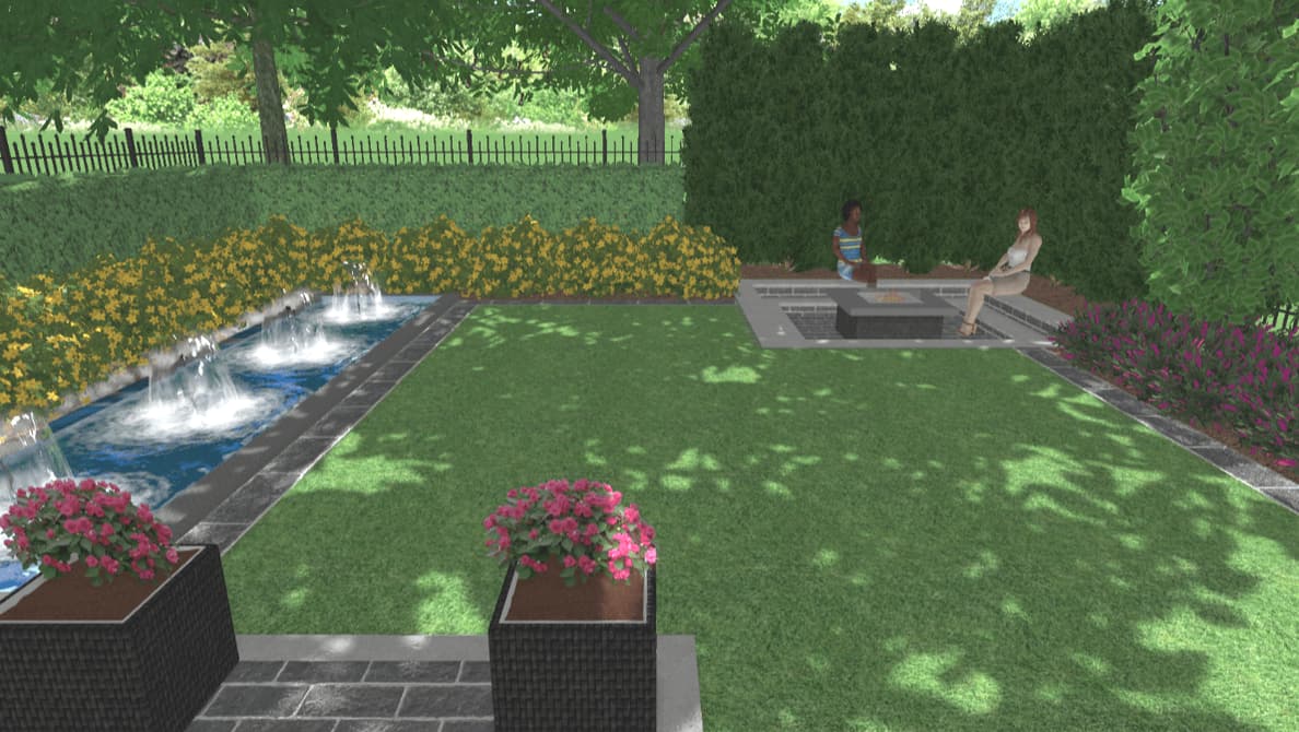 Garden with rectangular theme, water theme and fireplace, Toronto, GTA
