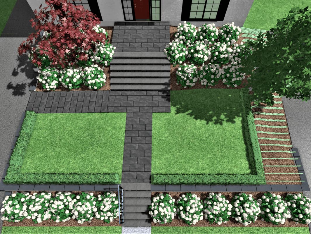 Minimalist, modern front yard landscape design, straight lines, 3D,Toronto, GTA