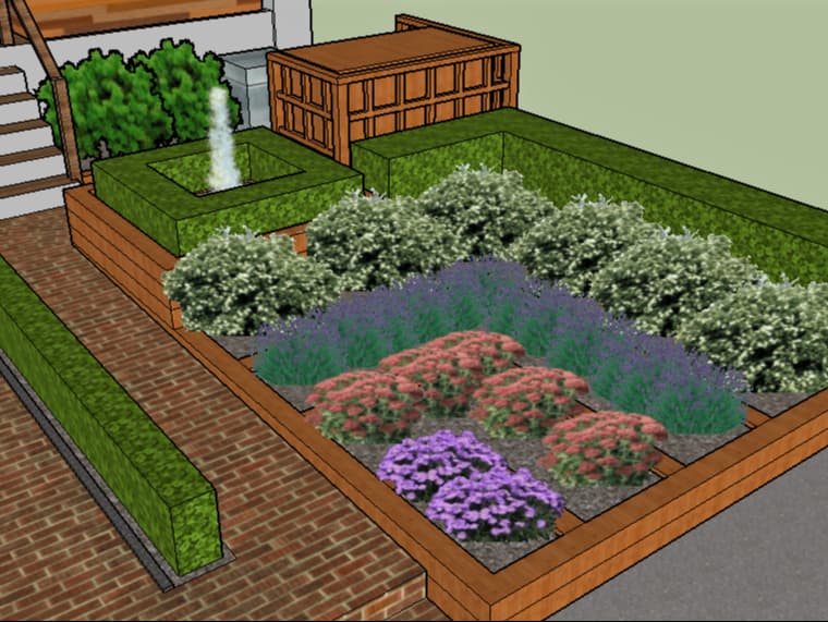 Modern front garden in 3D with water theme and planting,Toronto GTA