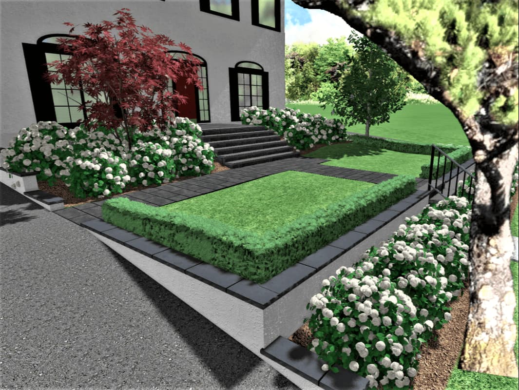 3D image of modern, minimalist front yard garden, retaining walls,Toronto, GTA