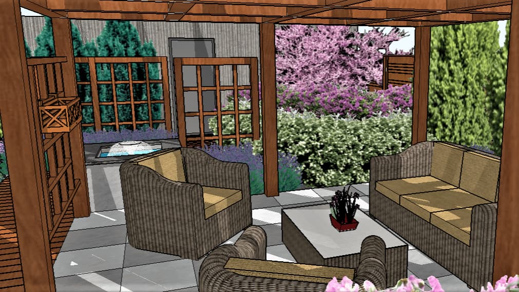 Modern patio with pergola, privacy screens, water theme and planting, Toronto